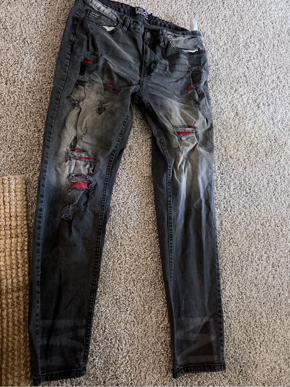 Indigo Black Skinny Jeans with Red Patch Accents